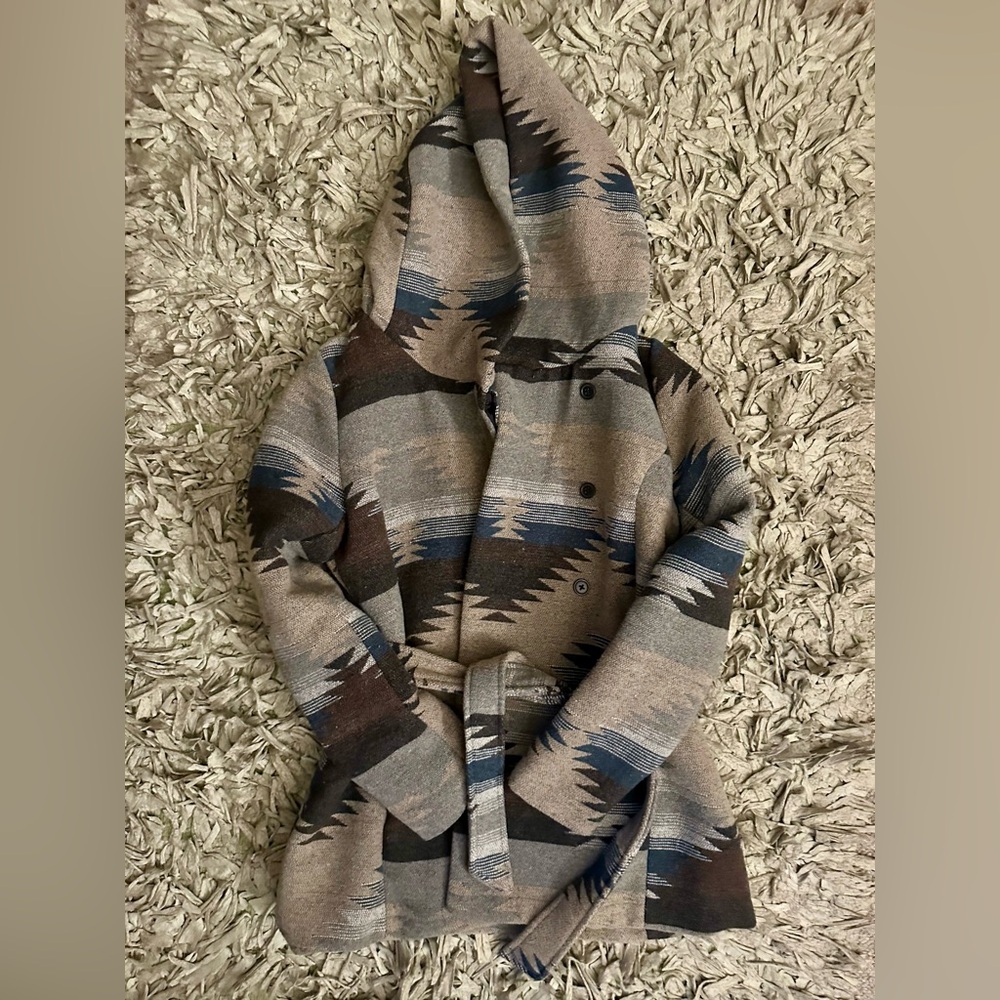 Southwest Pattern Belted Coat with Awesome Oversized Hood- Navy/Neutral NWOT